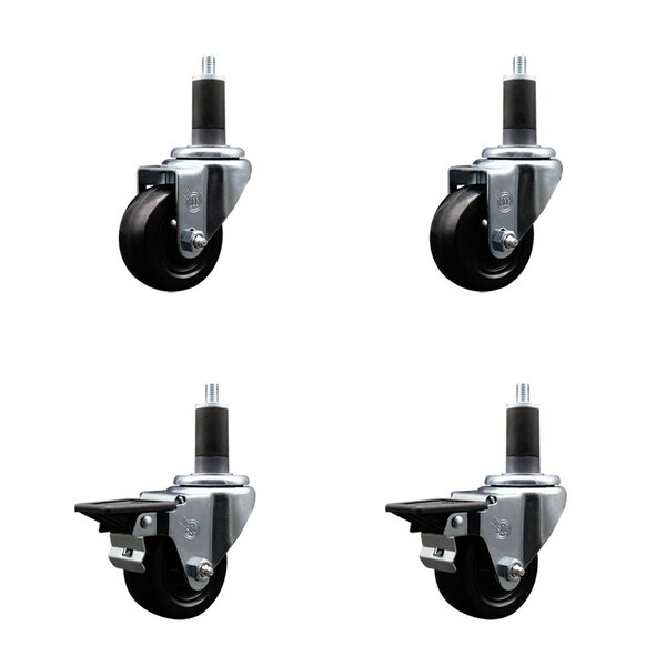 3'' Soft Rubber Wheel Swivel 1-1/4'' Expanding Stem Caster Set 2 Brakes, 4PK